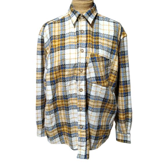 Vintage WamPum Blue Yellow Plaid Button Down Shacket size XL - Picture 2 of 5